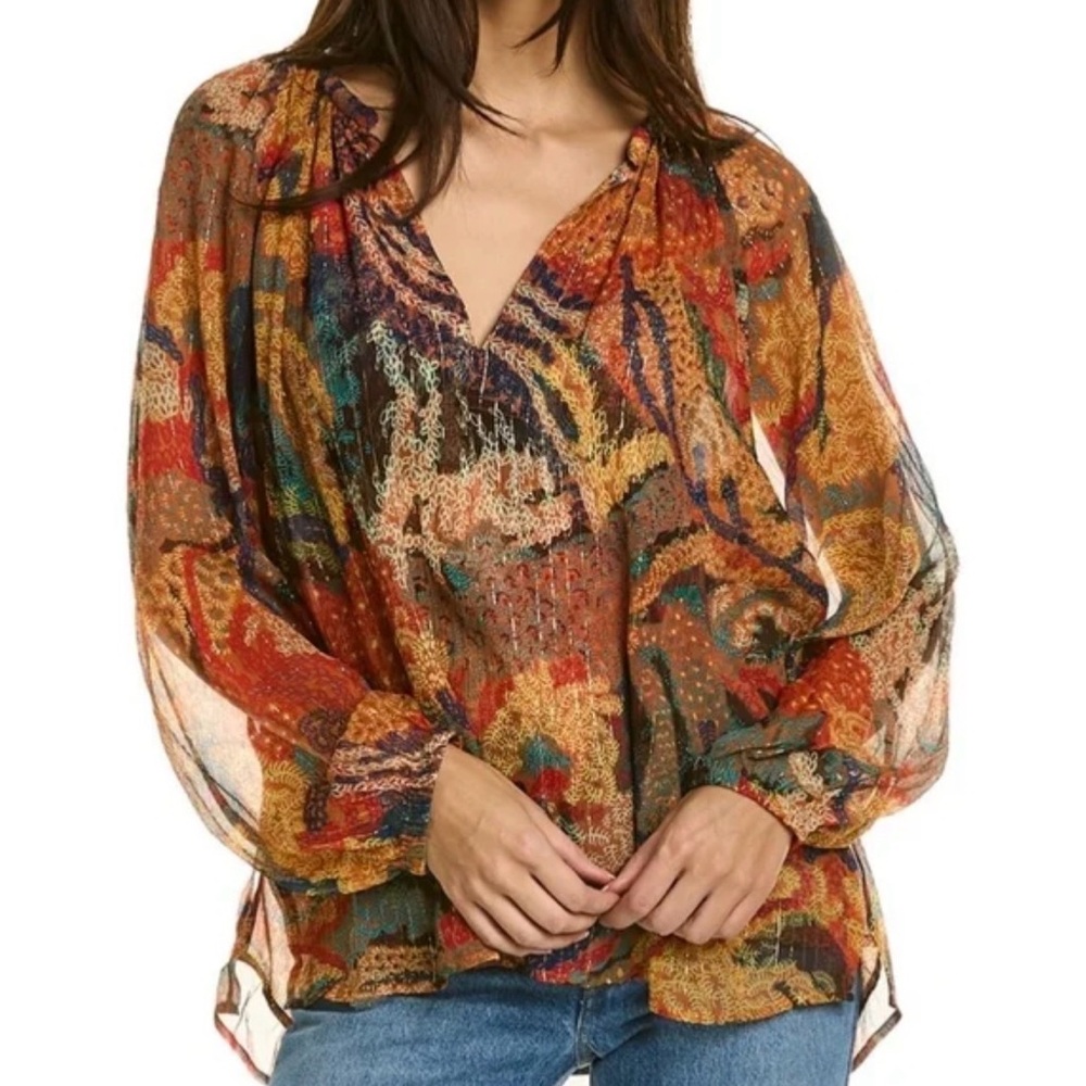 A.L.C. Dana Metallic Stripe Silk Blouse Abstract Paisley Boho